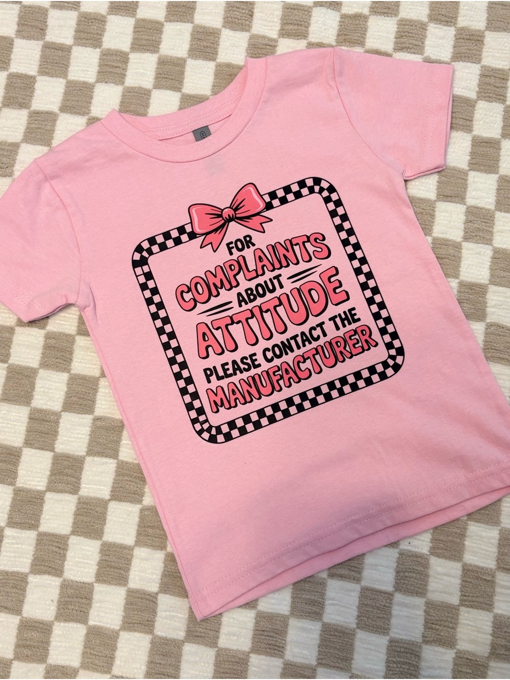 Girls Pink 'Attitude' Graphic Tee with Bow Accent